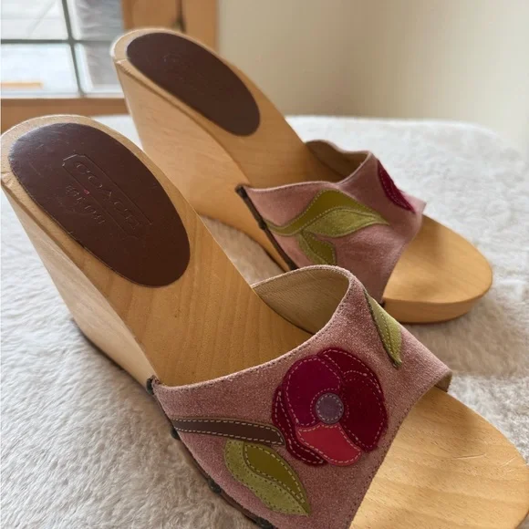 Coach Pink Suede Floral Slide Wedges  with Red Flowers and Green Leaves - Picture 3 of 8